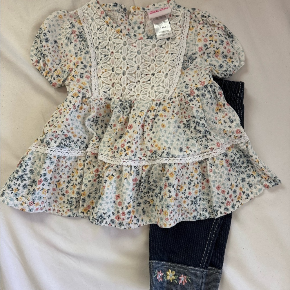 Little Lass Floral Top and Denim Leggings Set